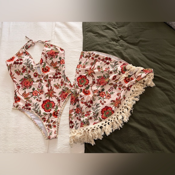 Modlily Other - Modlily 2 Piece Floral One-Piece Swimsuit Cream / Red with Wrap Women’s Large